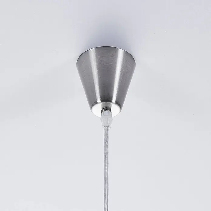 Lindby Pendelleuchte Marike - L x B x H: 30 x 30 x 150 cm, weiß / opal, weiß, nickel satiniert, E27 - Gebürstete konische Deckenrosette aus Metall mit herausgeführtem grauem geflochtenem Kabel.