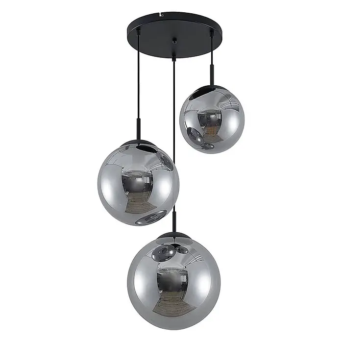 Lindby Pendelleuchte Teeja - L x B x H: 51,5 x 51,5 x 30 cm, alu / grau / zink, rauchgrau, Schwarz, E27 - Dreiflammige Pendelleuchte mit schwarzer Deckenplatte und drei kugelförmigen, rauchgrauen Glasschirmen.