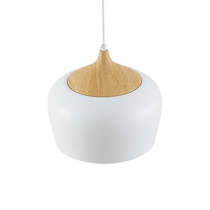 Lindby Pendelleuchte Vilsera - L x B x H: 30 x 30 x 25,5 cm, weiß / opal, weiß, Holz hell, E27 - Weiße Pendelleuchte mit oberer Aufhängung aus Naturholz.