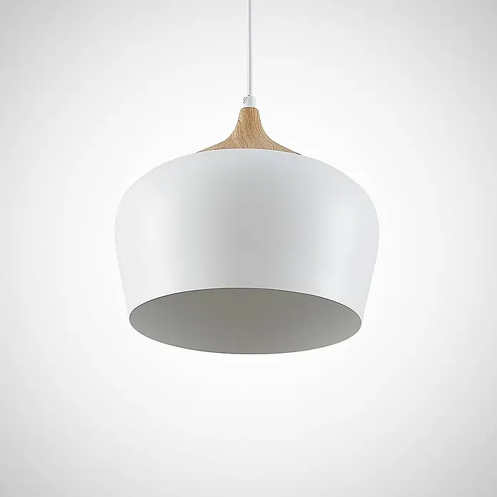 Lindby Pendelleuchte Vilsera - L x B x H: 30 x 30 x 25,5 cm, weiß / opal, weiß, Holz hell, E27 - Weiße Pendelleuchte mit Holz-Akzent, an einem weißen Kabel hängend.
