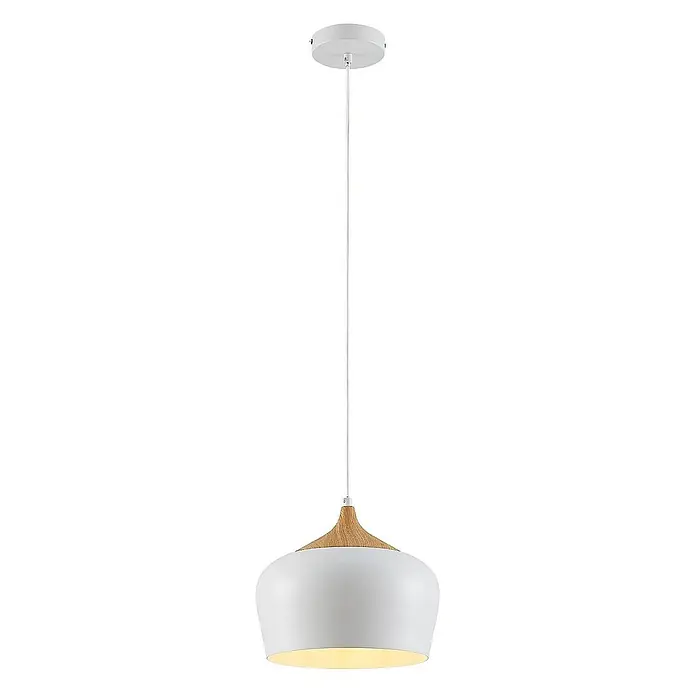 Lindby Pendelleuchte Vilsera - L x B x H: 30 x 30 x 25,5 cm, weiß / opal, weiß, Holz hell, E27 - Weiße Pendelleuchte aus Metall mit hellem Holz, an weißer Deckenhalterung und Kabel hängend, spendet warmes Licht.