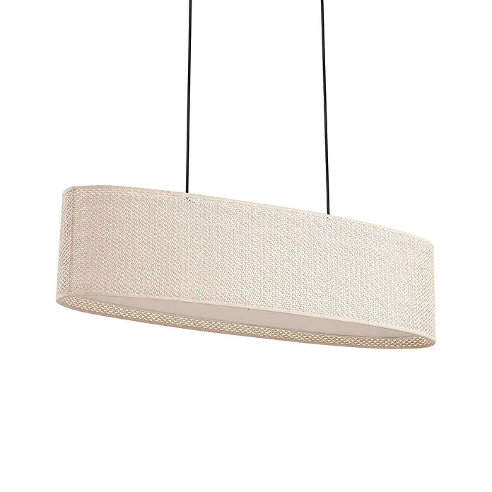 Lindby Pendelleuchte Soula - L x B x H: 78 x 22 x 20 cm, creme / amber, beige, E27 - Helle, längliche Pendelleuchte in Beige mit strukturiertem Stoffschirm, an zwei schwarzen Kabeln hängend.
