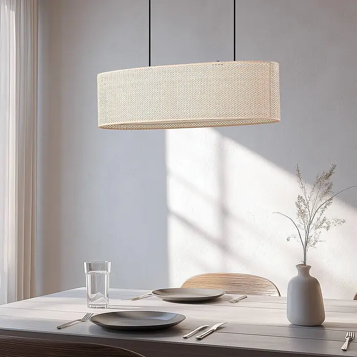 Lindby Pendelleuchte Soula - L x B x H: 78 x 22 x 20 cm, creme / amber, beige, E27 - Große rechteckige Hängelampe aus Geflecht über Esstisch.