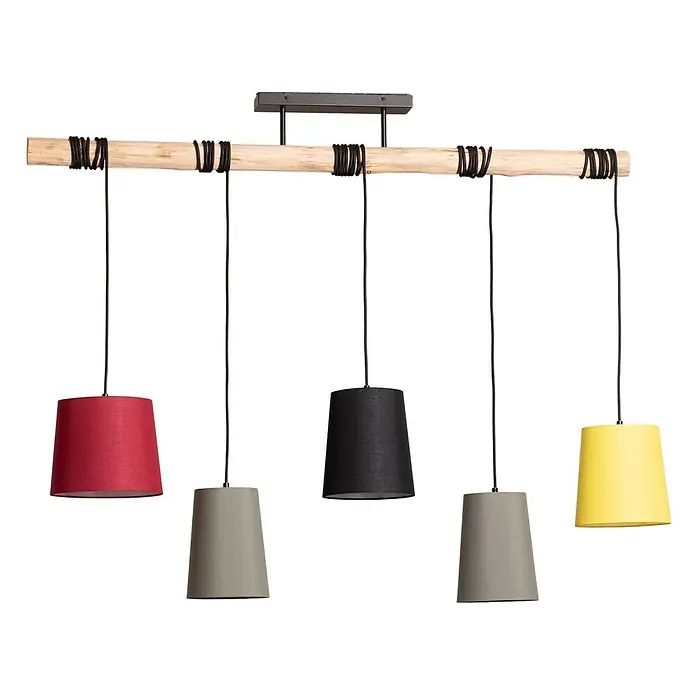 Lindby Pendelleuchte Amilia - L x B x H: 125 x 23 x 180 cm, Multicolour, Holz natur, Rot, grau, Schwarz, gelb, E27 - Hängelampe mit Naturholzstange, schwarzen Kabeln und fünf konischen Stoffschirmen in Rot, Grau, Schwarz, Grau und Gelb.