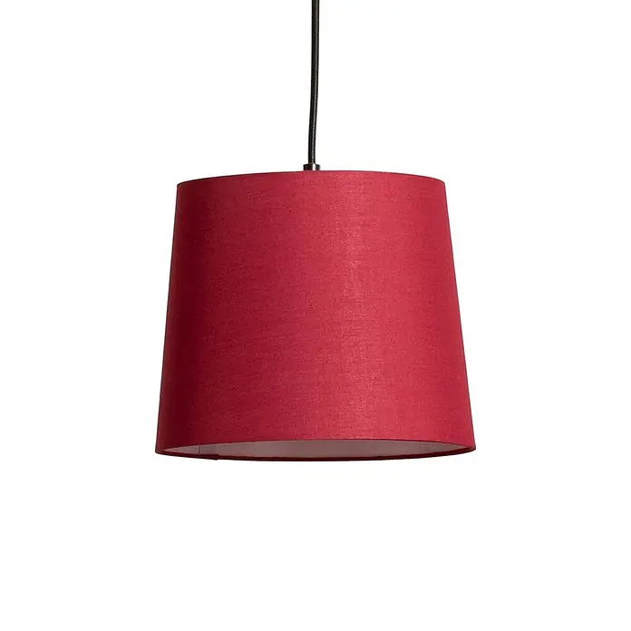 Lindby Pendelleuchte Amilia - L x B x H: 125 x 23 x 180 cm, Multicolour, Holz natur, Rot, grau, Schwarz, gelb, E27 - Roter Stoff-Pendelleuchtenschirm.