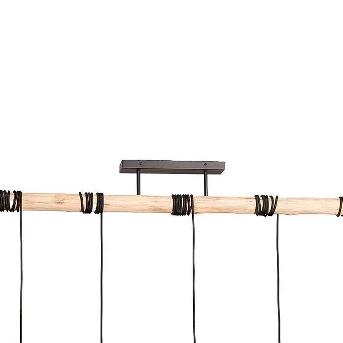 Lindby Pendelleuchte Amilia - L x B x H: 125 x 23 x 180 cm, Multicolour, Holz natur, Rot, grau, Schwarz, gelb, E27 - Rustikale Pendelleuchtenbasis mit einem natürlichen Holzbalken, schwarzen Hängekabeln und einer schwarzen Deckenhalterung.