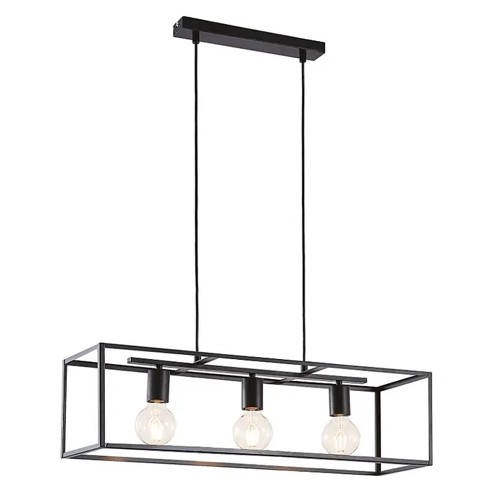 Lindby Pendelleuchte Emily - L x B x H: 72 x 20 x 20 cm, schwarz, Schwarz matt, E27 - Schwarze rechteckige Metall-Pendelleuchte mit drei freiliegenden klaren Glühbirnen.