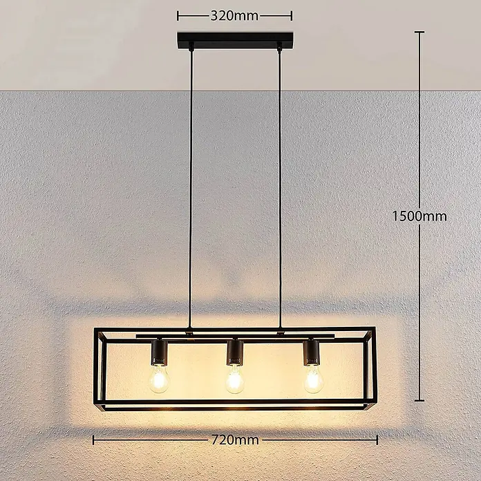 Lindby Pendelleuchte Emily - L x B x H: 72 x 20 x 20 cm, schwarz, Schwarz matt, E27 - Schwarze, rechteckige Hängeleuchte aus Metall mit drei sichtbaren Glühbirnen, 720mm lang, an der Decke.