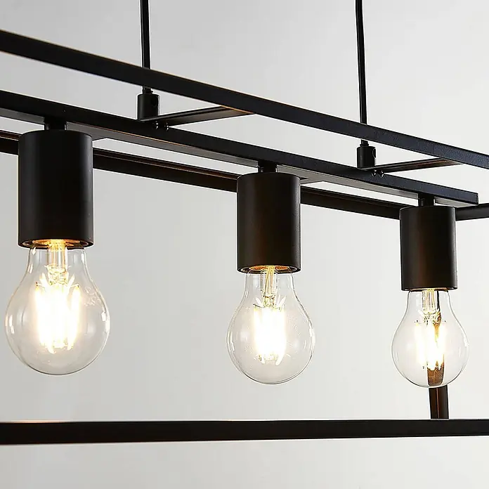 Lindby Pendelleuchte Emily - L x B x H: 72 x 20 x 20 cm, schwarz, Schwarz matt, E27 - Schwarze Metall-Hängeleuchte mit drei sichtbaren klaren LED-Glühbirnen.