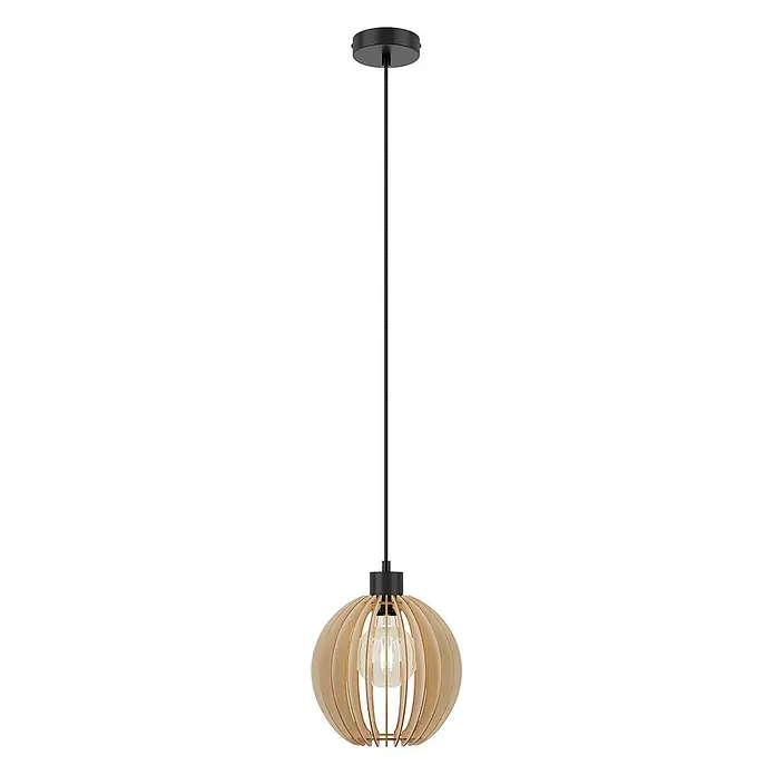 Envostar Pendelleuchte Clay - L x B x H: 23 x 23 x 150 cm, Holz hell, Schwarz, holz hell, E27 - Hängeleuchte mit schwarzer Deckenrose und Kabel, hellem Holzschirm in Kugelform mit Lamellen und sichtbarer Glühbirne.