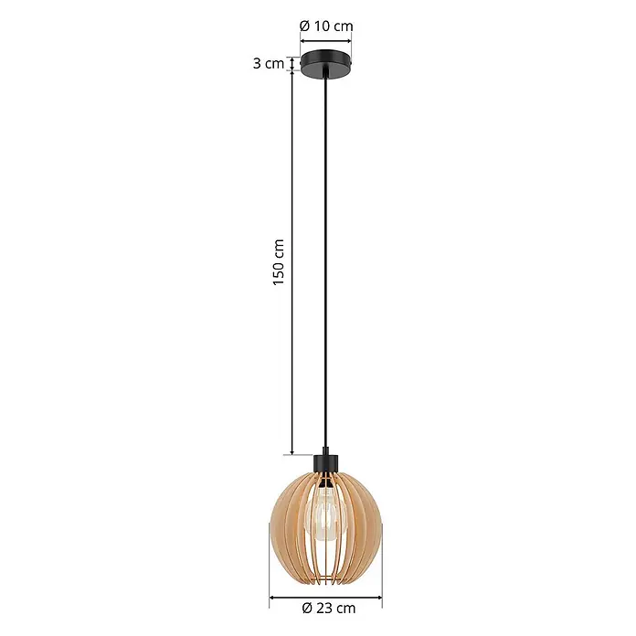 Envostar Pendelleuchte Clay - L x B x H: 23 x 23 x 150 cm, Holz hell, Schwarz, holz hell, E27 - Schwarze Pendelleuchte mit hellem Holzschirm. Gesamthöhe 150 cm, Schirmdurchmesser 23 cm.