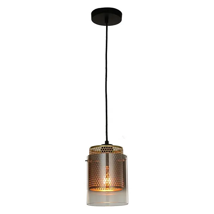 Lucande Pendelleuchte Sterzy - L x B x H: 15 x 15 x 20,5 cm, alu / grau / zink, anthrazit, gold, E27 - Moderne Pendelleuchte mit schwarzer Deckenrosette und Kabel, einem goldfarbenen Waben-Metallschirm und einem klaren Glaszylinder, warmes Licht abstrahlend.