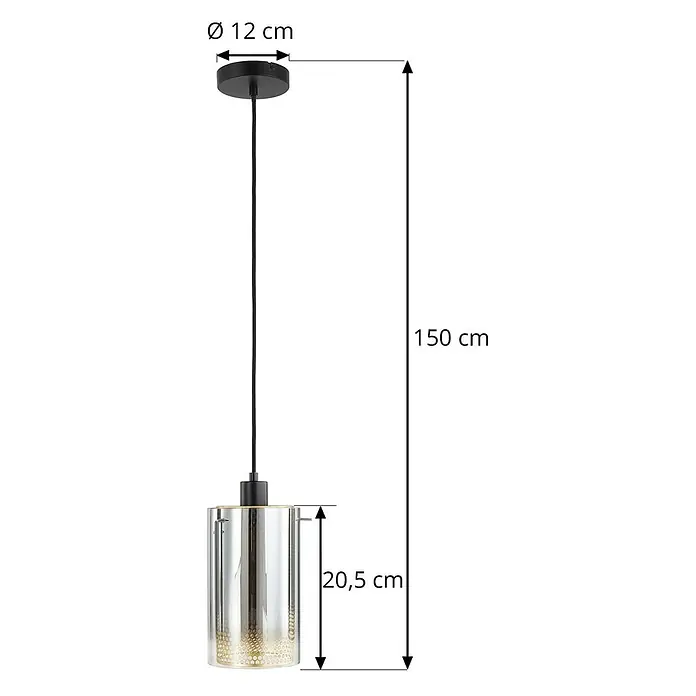 Lucande Pendelleuchte Sterzy - L x B x H: 15 x 15 x 20,5 cm, alu / grau / zink, anthrazit, gold, E27 - Pendelleuchte mit schwarzem Baldachin, schwarzem Kabel und zylindrischem Klarglasschirm mit goldfarbenem Texturfuß. Gesamthöhe 150 cm.