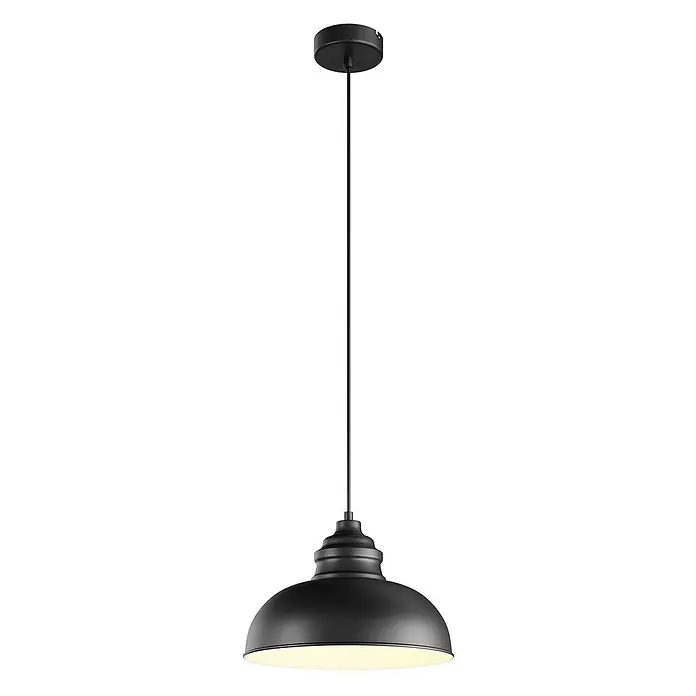 Lindby Pendelleuchte in schwarz matt, weiß, Hängelampe -  - Schwarze Pendelleuchte aus Metall mit Kuppelschirm, an einer Stange hängend, ein warmes Licht abstrahlend.