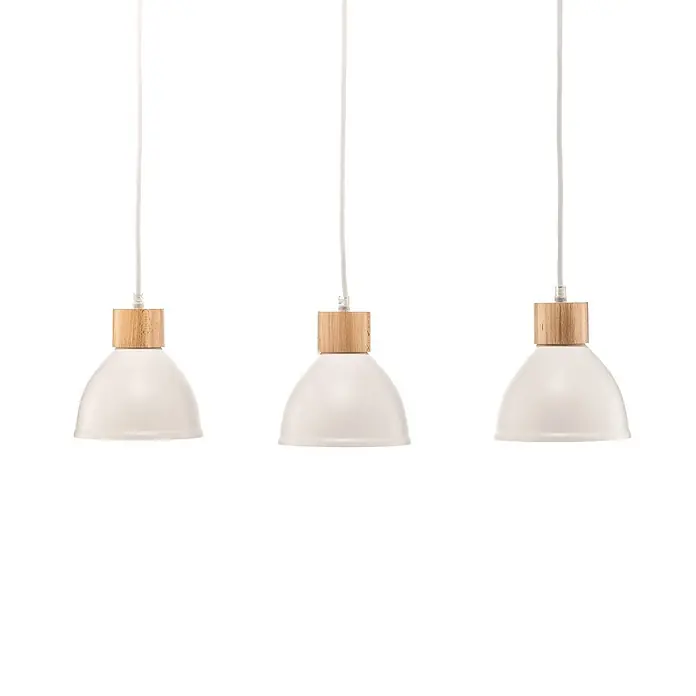 Envostar Pendelleuchte Tira - L x B x H: 70 x 15 x 120 cm, weiß / opal, weiß, holz hell, E27 - Drei Hängeleuchten mit weißen Glockenschirmen, Naturholzdetails und weißen Kabeln.