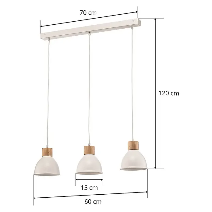 Envostar Pendelleuchte Tira - L x B x H: 70 x 15 x 120 cm, weiß / opal, weiß, holz hell, E27 - Weiße 3-flammige Pendelleuchte mit Holzdetails. Gesamthöhe 120 cm, Deckenplatte 70 cm, Schirmdurchmesser 15 cm.