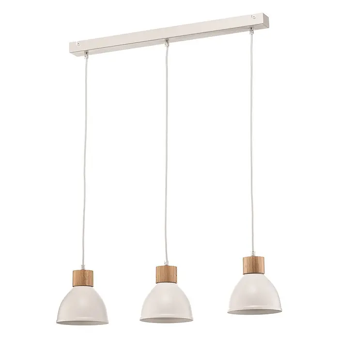 Envostar Pendelleuchte Tira - L x B x H: 70 x 15 x 120 cm, weiß / opal, weiß, holz hell, E27 - Drei weiße Pendelleuchten mit Holzdetails an einer rechteckigen Deckenleiste.