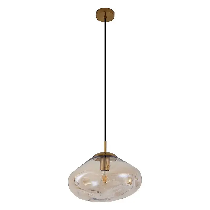 Lindby Pendelleuchte Lelia - L x B x H: 35 x 35 x 22 cm, creme / amber, amber, messing, E27 - Goldene Pendelleuchte mit schwarzem Kabel und unregelmäßigem bernsteinfarbenem Glasschirm mit sichtbarer Glühbirne.