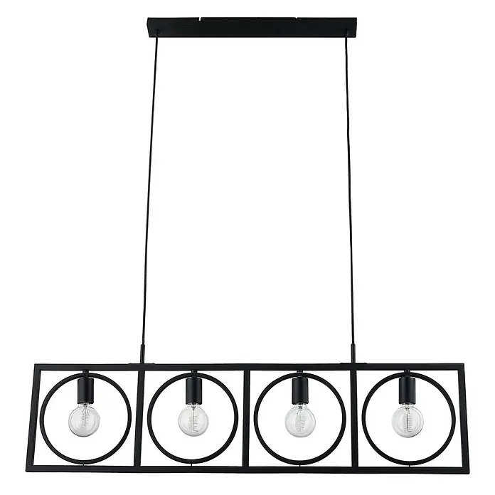 Lindby Pendelleuchte Mateja - L x B x H: 112 x 6 x 28 cm, schwarz, Schwarz, E27 - Schwarze rechteckige Pendelleuchte aus Metall mit vier sichtbaren Glühbirnen in runden Rahmen.