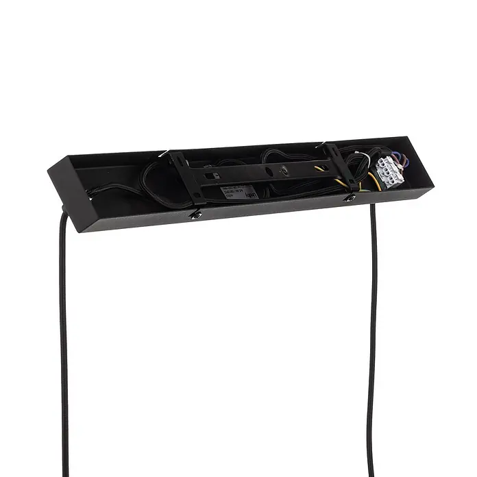 Lindby Pendelleuchte Mateja - L x B x H: 112 x 6 x 28 cm, schwarz, Schwarz, E27 - Schwarze rechteckige Lampenbefestigung mit sichtbarer Innenverkabelung, Klemmleiste und Montagebügel.