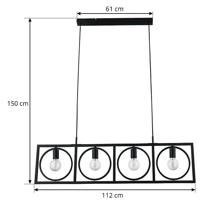 Lindby Pendelleuchte Mateja - L x B x H: 112 x 6 x 28 cm, schwarz, Schwarz, E27 - Schwarze Metall-Hängeleuchte mit offenem Rechteckrahmen und vier sichtbaren Glühbirnen.