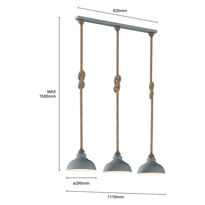 Lindby Pendelleuchte Chaby - alu / grau / zink, beton, E27 - Dreiflammige Pendelleuchte mit grauen Kuppelschirmchen und dekorativen Seilzügen, max. Höhe 1500mm.