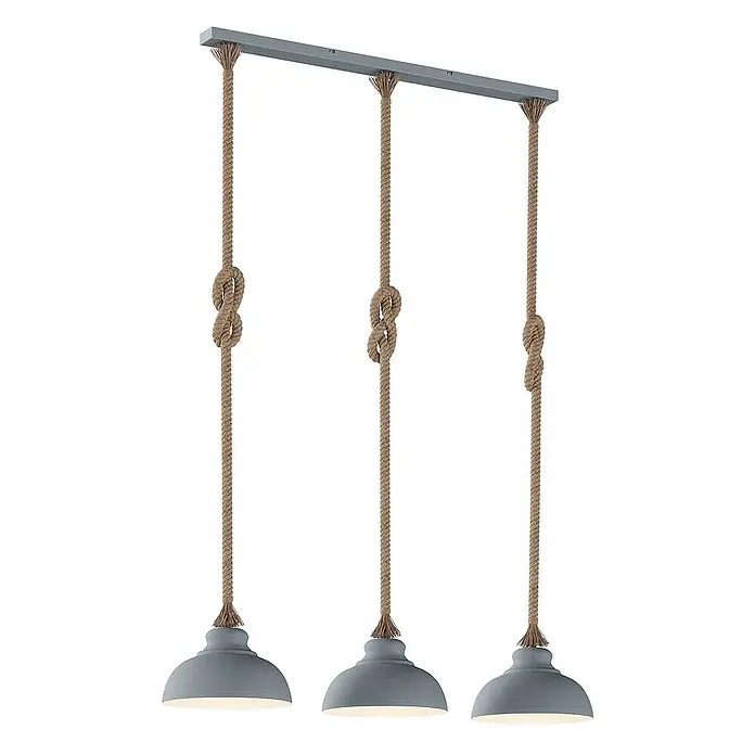 Lindby Pendelleuchte Chaby - alu / grau / zink, beton, E27 - Dreifache Pendelleuchte mit grauer Stange, drei geknoteten Seilen und drei hellgrauen glockenförmigen Lampenschirmen.