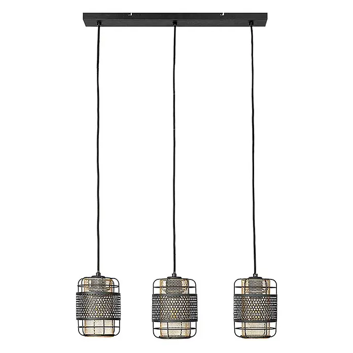 Lindby Pendelleuchte Eudoria - schwarz, Schwarz, gold, E27 - Dreiflammige Pendelleuchte mit schwarzem Deckenbalken und drei Hängelampen, jede mit schwarzem Metallkäfig über goldenem Netzschirm.
