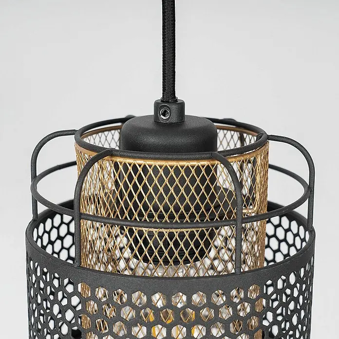 Lindby Pendelleuchte Eudoria - schwarz, Schwarz, gold, E27 - Schwarz-goldene Hängelampe aus Metallgitter mit Waben- und Rautenmuster.