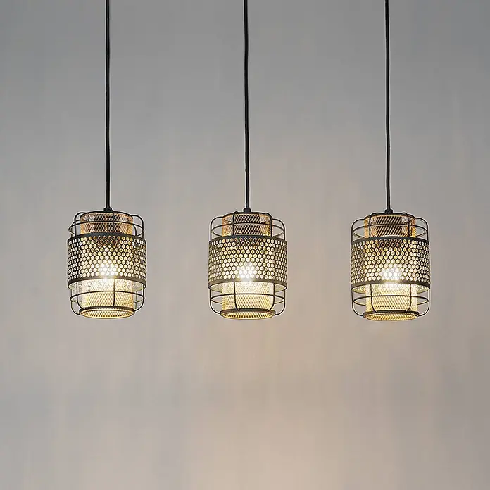 Lindby Pendelleuchte Eudoria - schwarz, Schwarz, gold, E27 - Drei zylindrische Metall-Pendelleuchten mit perforierten goldfarbenen Schirmen, die warmes Licht abstrahlen.