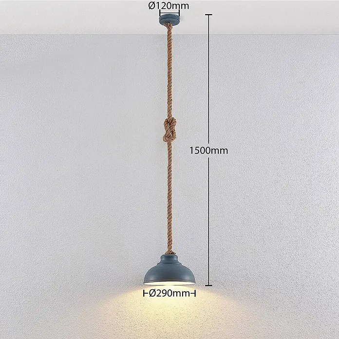 Lindby Pendelleuchte Chaby - alu / grau / zink, beton, E27 - Pendelleuchte mit blau-grauem Metallschirm, geflochtenem Seilzug mit Knoten. Gesamtlänge 1500mm, Schirm Ø 290mm.