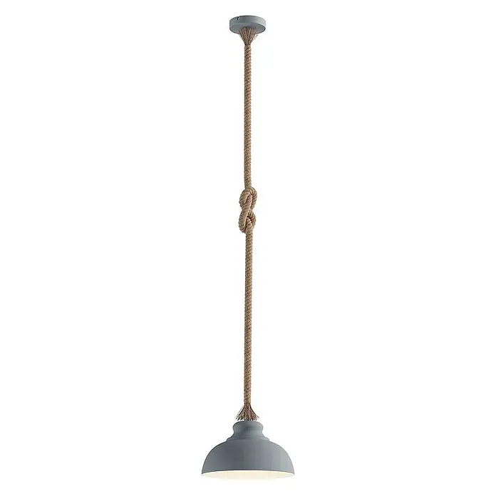 Lindby Pendelleuchte Chaby - alu / grau / zink, beton, E27 - Pendelleuchte aus grauem Metall mit Aufhängung aus Naturfaserseil und Zierknoten.