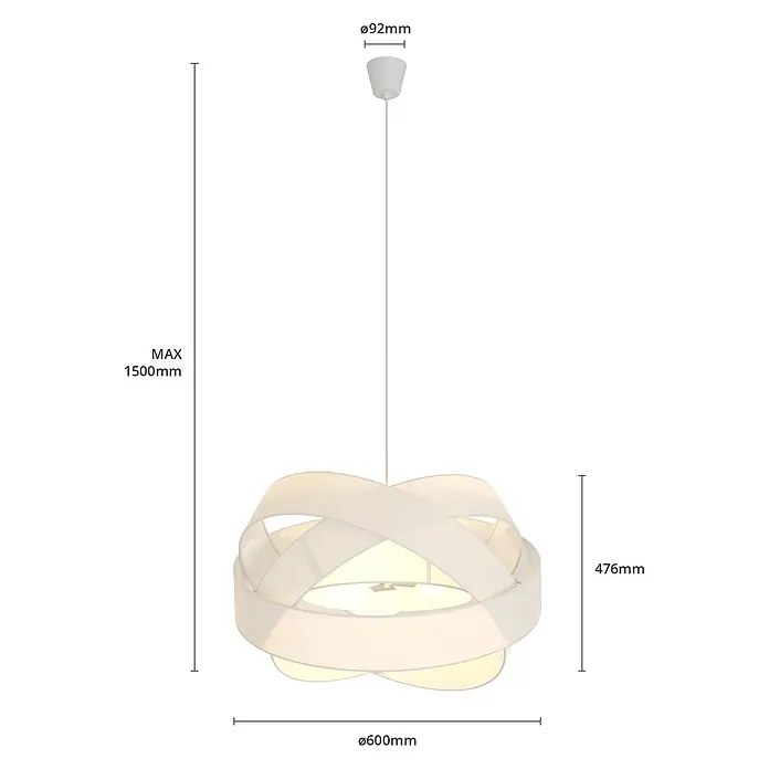 Lindby Pendelleuchte Simaria - L x B x H: 60 x 60 x 47,6 cm, weiß / opal, weiß, E27 - Weiße Pendelleuchte mit verwobenem, kugelförmigem Stoffschirm und weißem Kabel, von der Decke hängend.