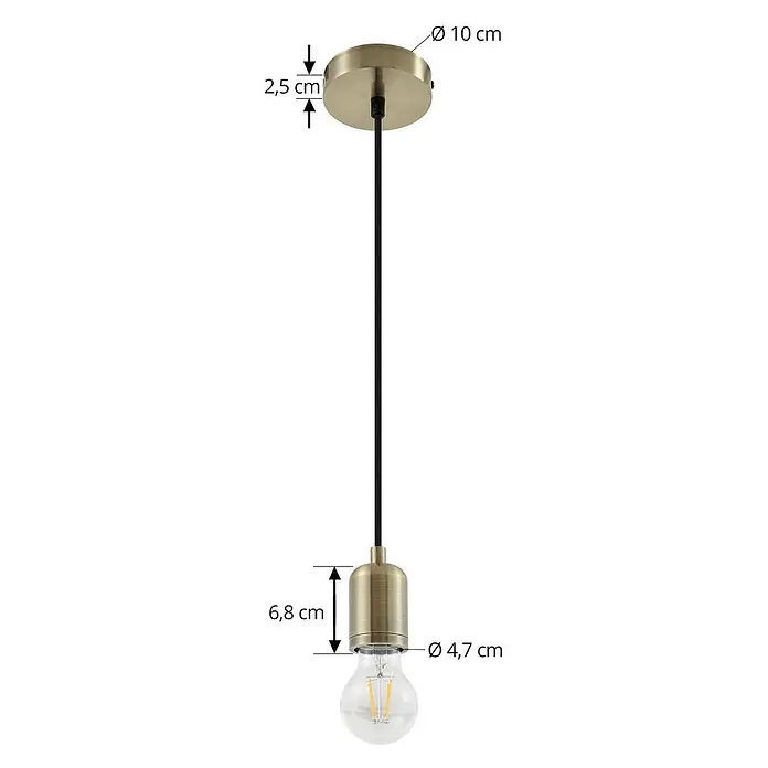 Lindby Pendelleuchte Hattie - L x B x H: 4,7 x 4,7 x 7 cm, messing / gold, messing, E27 - Messingfarbene Einzelleuchte mit schwarzem Textilkabel und klarer LED-Glühbirne. Minimalistisches Design.