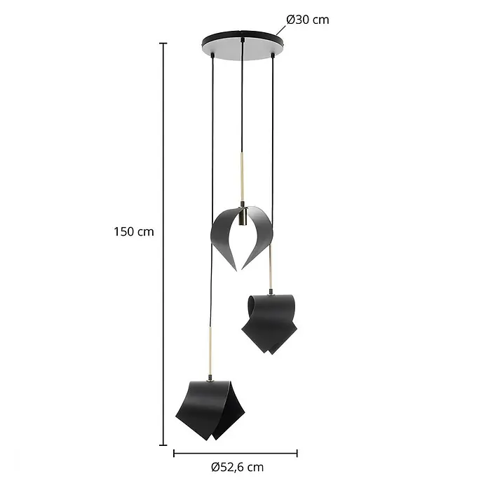Lucande Pendelleuchte Mikolay - L x B x H: 51 x 51 x 150 cm, schwarz, sandSchwarz, E14 - Moderne schwarze 3-flammige Pendelleuchte mit wellenförmigen Schirmen und Goldakzenten.