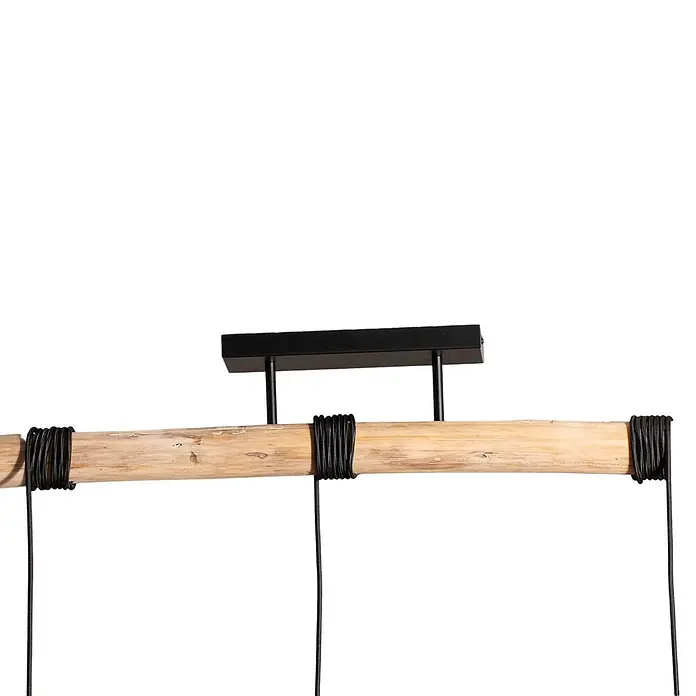 Lindby Pendelleuchte Amilia - L x B x H: 90 x 23 x 180 cm, Multicolour, Holz natur, Rot, grau, Schwarz, E27 - Teil einer hölzernen Pendelleuchte mit schwarzen Kabeln und schwarzer Deckenhalterung aus Metall.