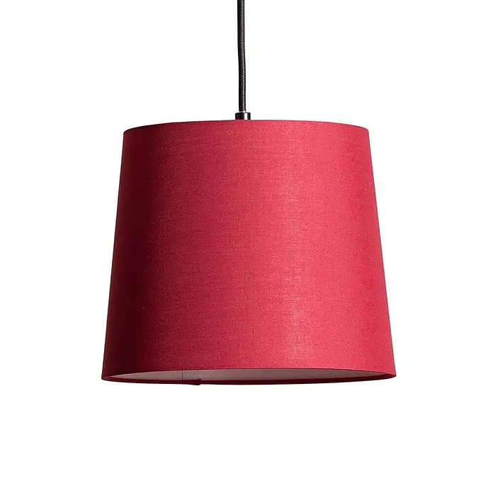 Lindby Pendelleuchte Amilia - L x B x H: 90 x 23 x 180 cm, Multicolour, Holz natur, Rot, grau, Schwarz, E27 - Konischer Hängeleuchtenschirm aus rotem Stoff.