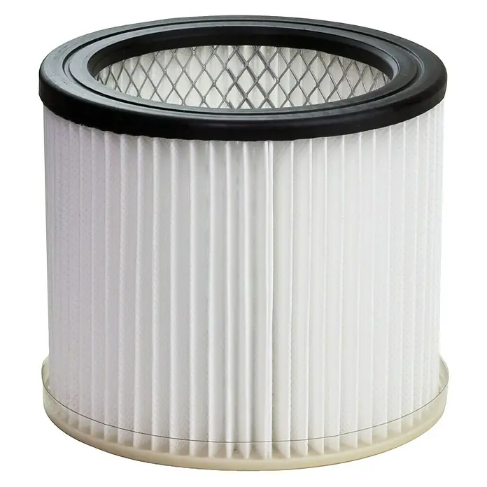 Scheppach HEPA-Filter - Passend für: Scheppach Nass-Trockensauger ASP 50-ES - Bild eines Patronenfilters mit weißem, plissiertem Filtermedium, schwarzem Gummirahmen und einem Netzgitter zur Stabilisierung.