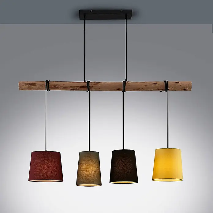 Lindby Pendelleuchte Moskau - L x B x H: 116 x 23 x 22 cm, Multicolour, Rot, grau, Schwarz, gelb, holz hell, E27 - Hängeleuchte mit vier Lichtern, rustikalem Holzbalken und Stofflampenschirmen in Rot, Olive, Schwarz und Gelb.