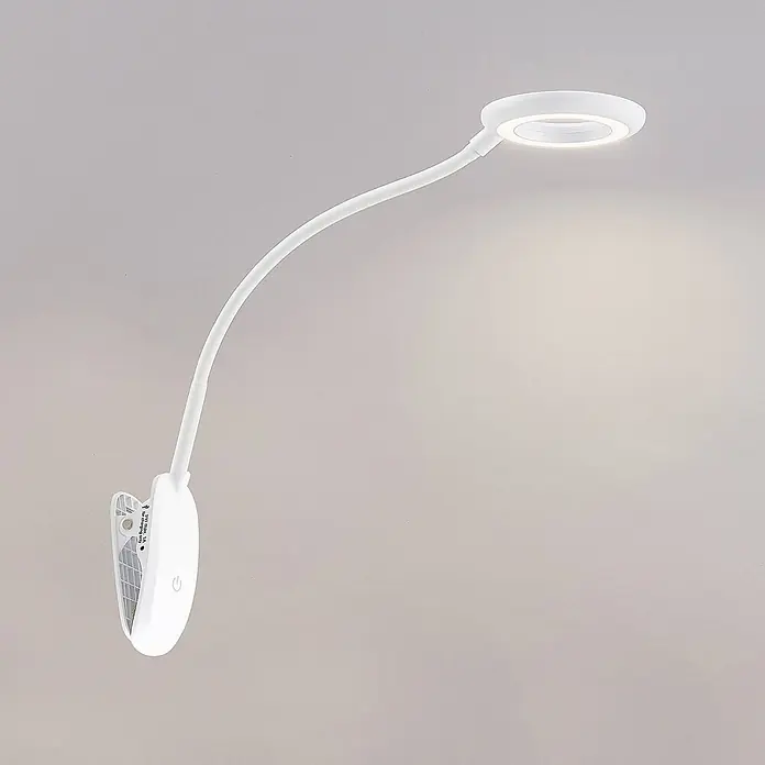 Prios Klemmleuchte Harumi - Farbe Gehäuse: weiß / opal - Weiße Klemm-LED-Lampe mit flexiblem Schwanenhals und rundem Leuchtkopf, sanft leuchtend.