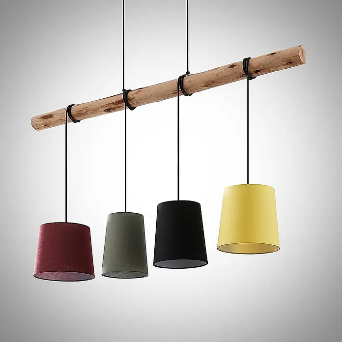 Lindby Pendelleuchte Moskau - L x B x H: 116 x 23 x 22 cm, Multicolour, Rot, grau, Schwarz, gelb, holz hell, E27 - Vier farbige Stoff-Pendelleuchten hängen an einem rustikalen Holzstamm.