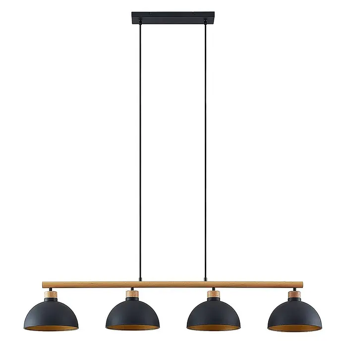 Lindby Pendelleuchte Tirzana - schwarz, Schwarz, gold, holz hell, E27 - Lineare Pendelleuchte mit schwarzer Deckenleiste, Holzbalken und vier schwarz/goldenen Kuppelschirmen.