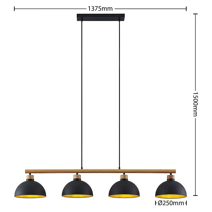 Lindby Pendelleuchte Tirzana - schwarz, Schwarz, gold, holz hell, E27 - Vierschirmige Pendelleuchte in Schwarz und Holz mit Dom-Schirmen, 1375mm lang, 1500mm hoch, Ø250mm Schirme.