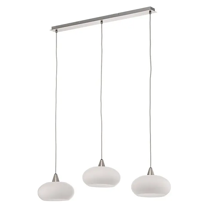 Lucande Pendelleuchte Sharvil - L x B x H: 97 x 25 x 11,7 cm, weiß / opal, weiß, nickel matt, E27 - Moderne 3-flammige Pendelleuchte mit gebürsteter Silberstange und drei runden, weißen Glasschirmen.