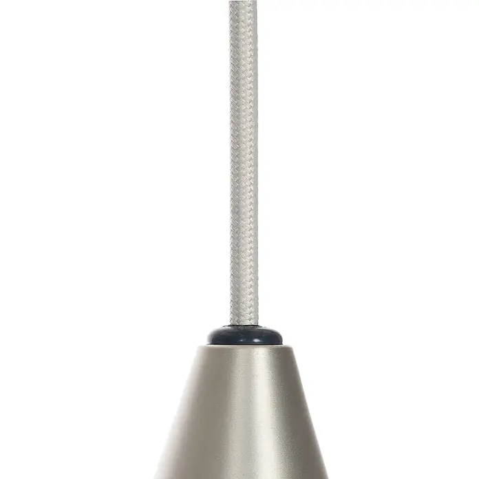 Lucande Pendelleuchte Sharvil - L x B x H: 97 x 25 x 11,7 cm, weiß / opal, weiß, nickel matt, E27 - Hellgraues geflochtenes Textilkabel, das mit einem gebürsteten, silbernen, konischen Pendelleuchtenbauteil verbunden ist.