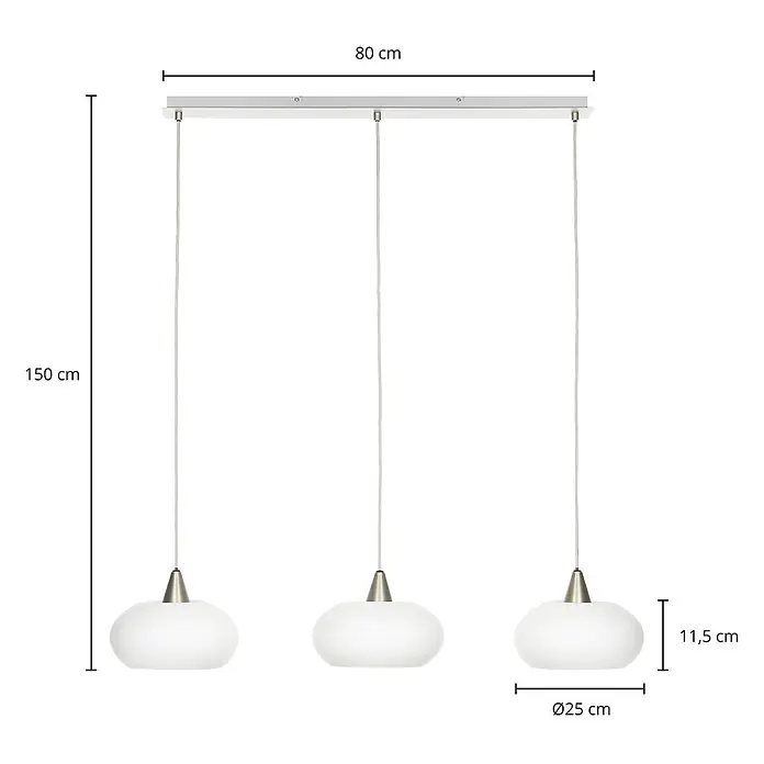 Lucande Pendelleuchte Sharvil - L x B x H: 97 x 25 x 11,7 cm, weiß / opal, weiß, nickel matt, E27 - Dreifache Pendelleuchte mit weißen Glasschirmen und silbernen Details, 80 cm breit, 150 cm hoch.