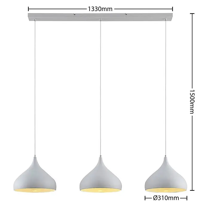 Lindby Pendelleuchte Elamira - L x B x H: 133 x 31 x 150 cm, weiß / opal, weiß matt, E27 - Dreiflammige weiße Metall-Pendelleuchte mit glockenförmigen Schirmen, an rechteckiger Aufhängung.