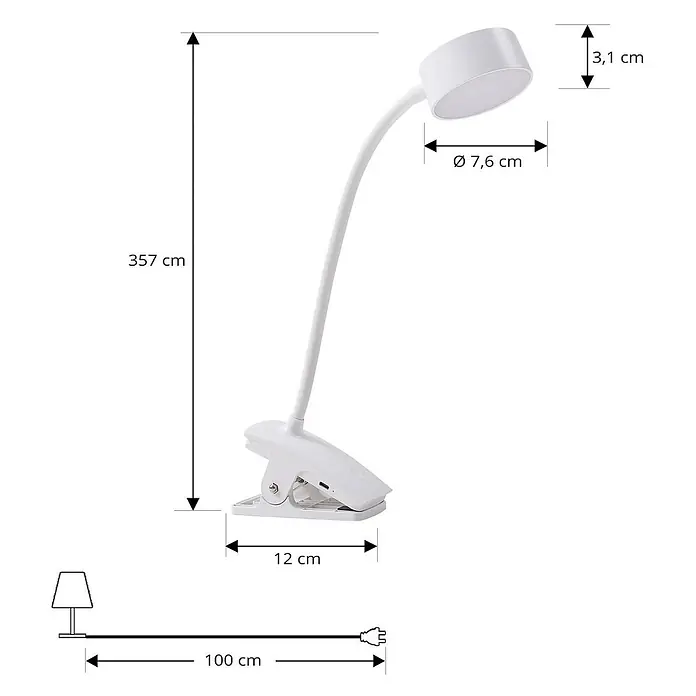 Lindby Klemmleuchte Maori - Farbe Gehäuse: weiß / opal - Weiße flexible Klemmleuchte mit rundem Kopf (Ø 7,6 cm, 3,1 cm tief) und 12 cm breiter Klemmbasis. Gesamthöhe 357 cm, Kabel 100 cm.