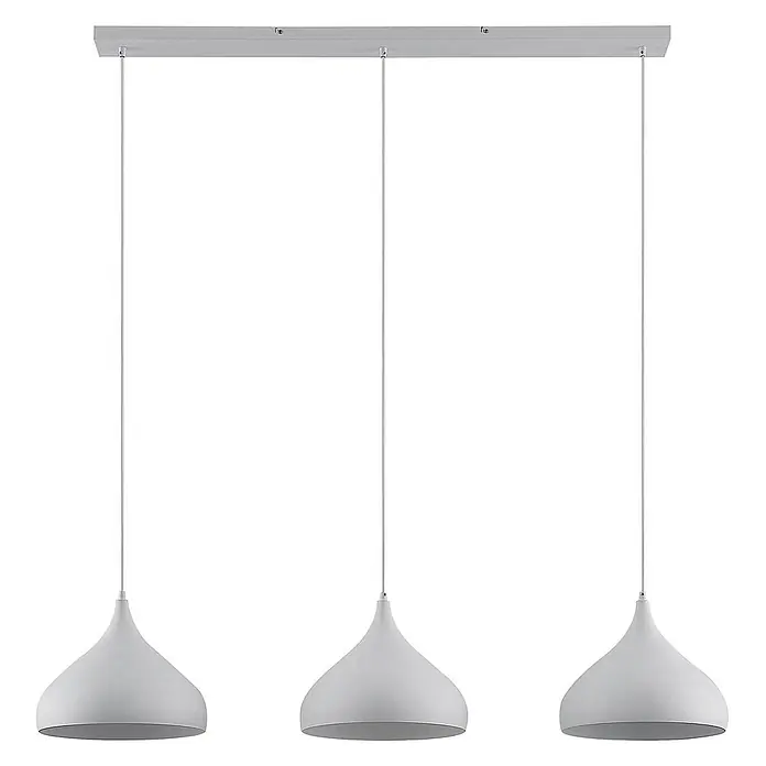 Lindby Pendelleuchte Elamira - L x B x H: 133 x 31 x 150 cm, weiß / opal, weiß matt, E27 - Dreiflammige, matt hellgraue Metall-Pendelleuchte mit glockenförmigen Schirmen und linearer Deckenstange.