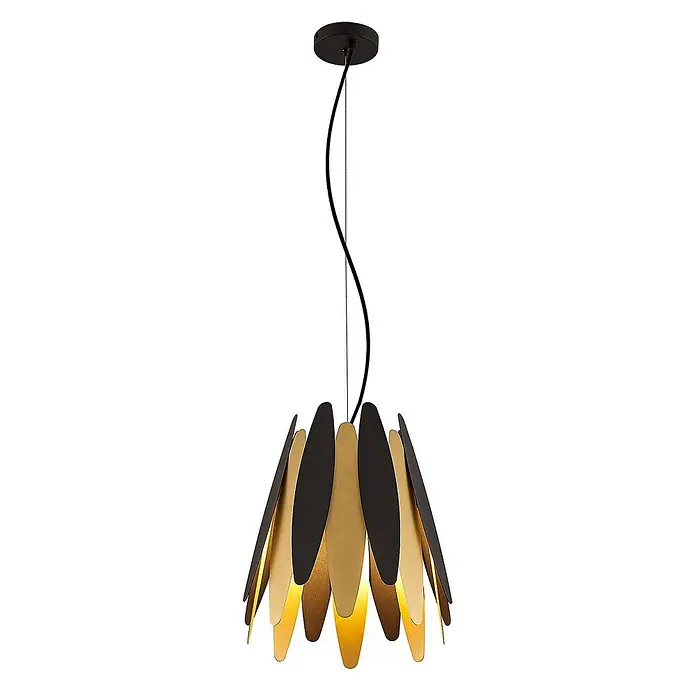 Lucande Pendelleuchte Lounit - schwarz, Schwarz, gold, E27 - Pendelleuchte mit überlappenden schwarzen und goldfarbenen blattförmigen Metallschirmen, an schwarzem Kabel hängend.